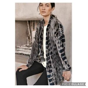 J. Jill Crushed Velvet Gray & Navy Shibori Print Open Jacket Size SP NWT
